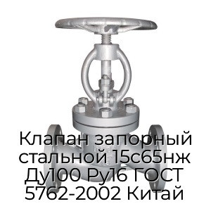 Клапан запорный стальной 15с65нж Ду100 Ру16 ГОСТ 5762-2002 Китай